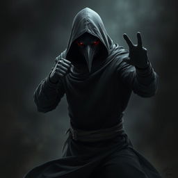 An intense depiction of a man wearing a crow mask, fully clad in a long black hooded tunic with long sleeves and black gloves