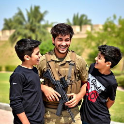 Two teenage boys joyfully interacting with a soldier at Al-Basel Park in Tartous, Syria
