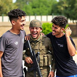 Two teenage boys joyfully interacting with a soldier at Al-Basel Park in Tartous, Syria