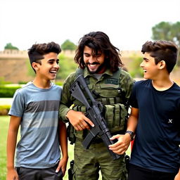 Two teenage boys joyfully interacting with a soldier at Al-Basel Park in Tartous, Syria