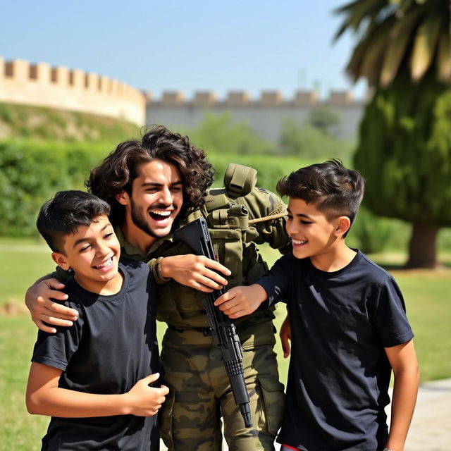 Two teenage boys joyfully interacting with a soldier at Al-Basel Park in Tartous, Syria