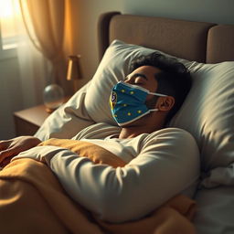 Ayman Hussein wearing a World Cup mask, sleeping on a comfortable bed