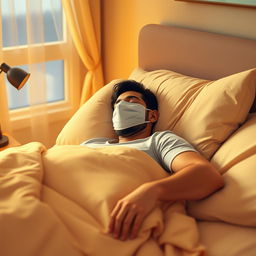 Ayman Hussein wearing a World Cup mask, sleeping on a comfortable bed