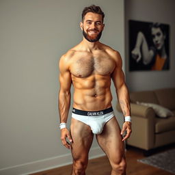 A 30-year-old gay man with a well-groomed beard, muscular body, low body fat, standing tall at 190 centimeters (approximately 6'3") and weighing 90 kilograms (approximately 198 lbs)