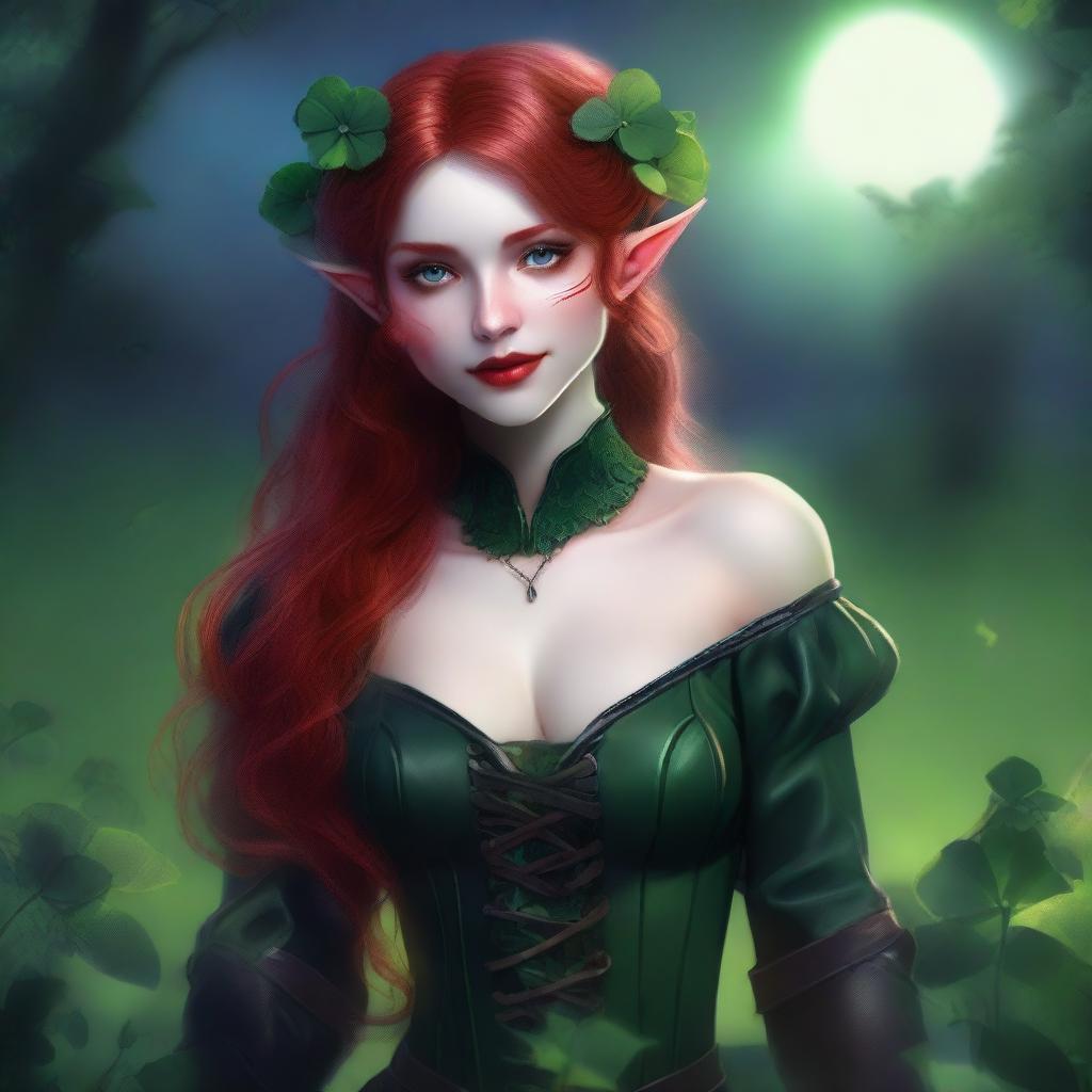 This realistic digital art image presents a sensual red-haired elf girl with vampire elements