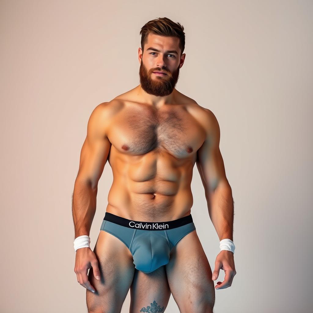 A 30-year-old gay man with a well-groomed beard, muscular body, low body fat, standing tall at 190 centimeters (approximately 6'3") and weighing 90 kilograms (approximately 198 lbs)
