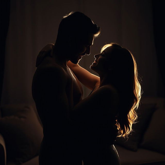 A sensual scene depicting a couple embracing passionately in a dimly lit room, with soft lighting accentuating their silhouettes