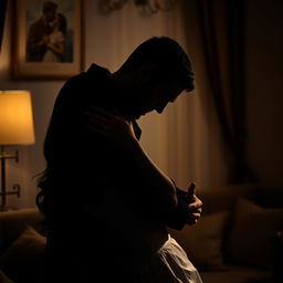 A sensual scene depicting a couple embracing passionately in a dimly lit room, with soft lighting accentuating their silhouettes