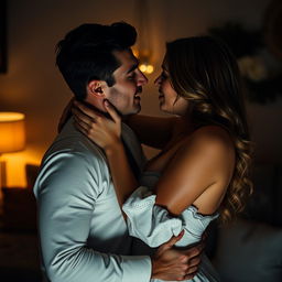A sensual scene depicting a couple embracing passionately in a dimly lit room, with soft lighting accentuating their silhouettes