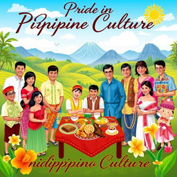 A vibrant and colorful poster celebrating Filipino culture and values, featuring traditional elements such as the Barong Tagalog and Terno attire worn by a diverse group of people in an outdoor festival setting