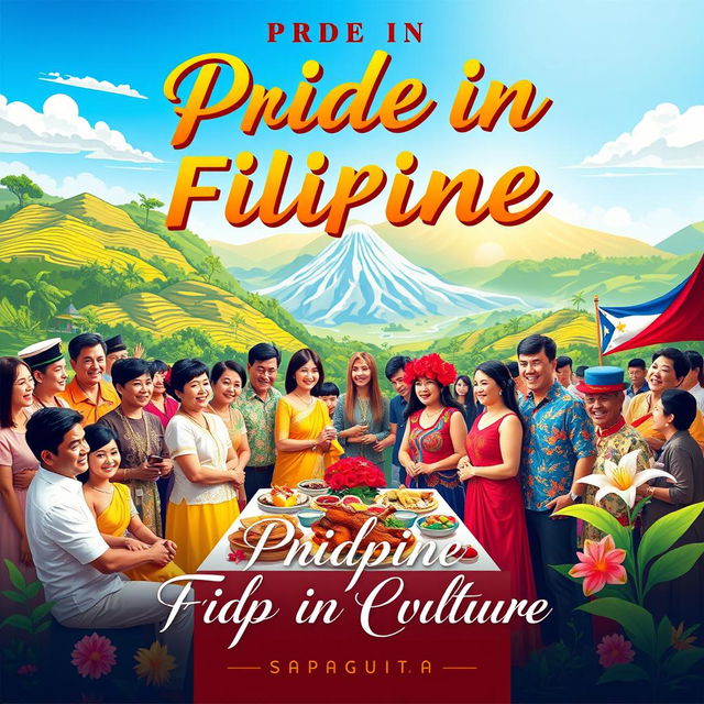 A vibrant and colorful poster celebrating Filipino culture and values, featuring traditional elements such as the Barong Tagalog and Terno attire worn by a diverse group of people in an outdoor festival setting