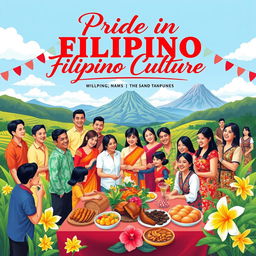 A vibrant and colorful poster celebrating Filipino culture and values, featuring traditional elements such as the Barong Tagalog and Terno attire worn by a diverse group of people in an outdoor festival setting