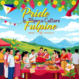 A vibrant and colorful poster celebrating Filipino culture and values, featuring traditional elements such as the Barong Tagalog and Terno attire worn by a diverse group of people in an outdoor festival setting