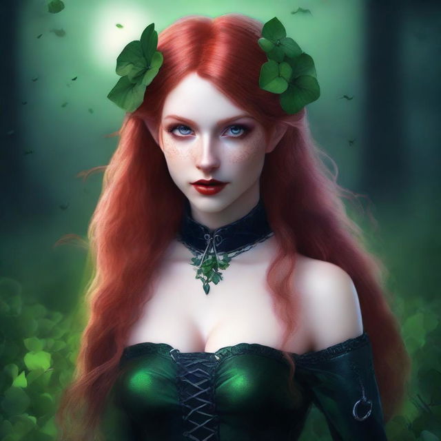 This realistic digital art image presents a sensual red-haired elf girl with vampire elements