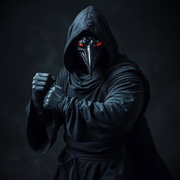 A striking portrayal of a man donning a crow mask, dressed in a long black hooded tunic with flowing sleeves and black gloves