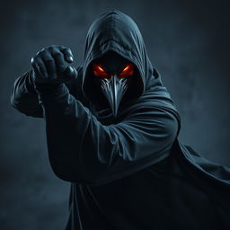 A striking portrayal of a man donning a crow mask, dressed in a long black hooded tunic with flowing sleeves and black gloves