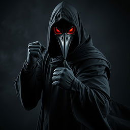 A striking portrayal of a man donning a crow mask, dressed in a long black hooded tunic with flowing sleeves and black gloves