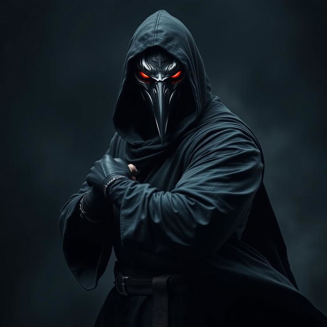 A striking portrayal of a man donning a crow mask, dressed in a long black hooded tunic with flowing sleeves and black gloves