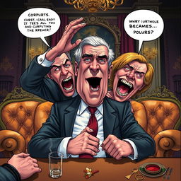 A dramatic and satirical depiction of a fictional scene featuring a political leader in a lavish setting, engaging in inappropriate behavior that symbolizes corruption and moral decay