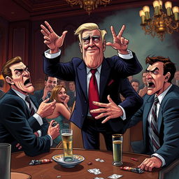 A dramatic and satirical depiction of a fictional scene featuring a political leader in a lavish setting, engaging in inappropriate behavior that symbolizes corruption and moral decay