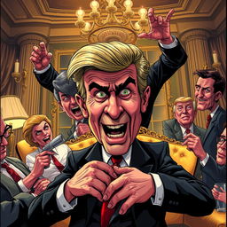 A dramatic and satirical depiction of a fictional scene featuring a political leader in a lavish setting, engaging in inappropriate behavior that symbolizes corruption and moral decay