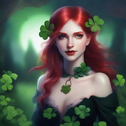 This realistic digital art image presents a sensual red-haired elf girl with vampire elements