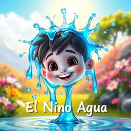 An animated-style image of a charming boy made entirely of water, dripping and flowing in a whimsical way