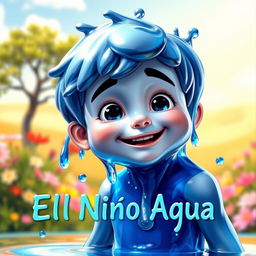 An animated-style image of a charming boy made entirely of water, dripping and flowing in a whimsical way