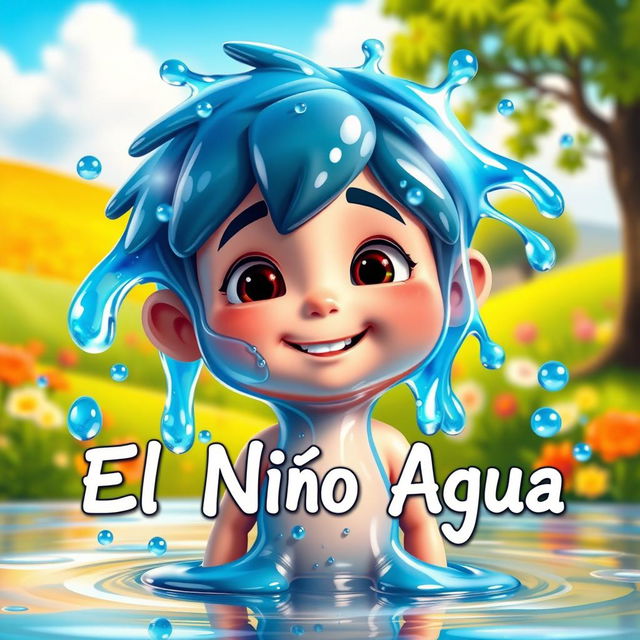 An animated-style image of a charming boy made entirely of water, dripping and flowing in a whimsical way