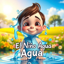An animated-style image of a charming boy made entirely of water, dripping and flowing in a whimsical way