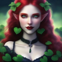 This realistic digital art image presents a sensual red-haired elf girl with vampire elements