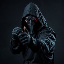 An enigmatic portrayal of a man adorned with a crow mask, dressed in a flowing black hooded tunic with long sleeves and black gloves