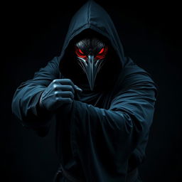 An enigmatic portrayal of a man adorned with a crow mask, dressed in a flowing black hooded tunic with long sleeves and black gloves