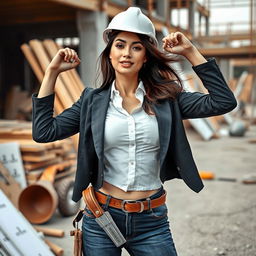 A confident female architect on a construction site, creatively posed to highlight her strong femininity and professionalism while playfully integrating tools into her scene