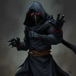 A dramatic illustration of a man in a crow mask, shrouded in a flowing black hooded tunic with long sleeves and black gloves