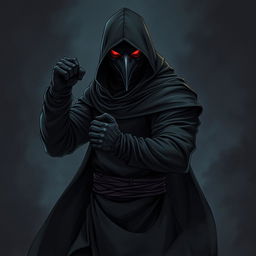 A dramatic illustration of a man in a crow mask, shrouded in a flowing black hooded tunic with long sleeves and black gloves