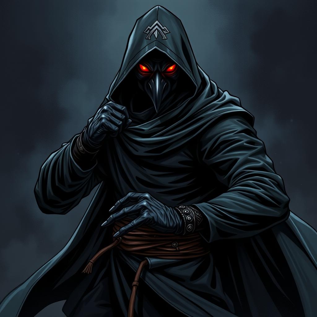 A dramatic illustration of a man in a crow mask, shrouded in a flowing black hooded tunic with long sleeves and black gloves