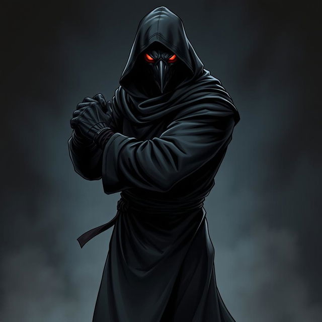 A dramatic illustration of a man in a crow mask, shrouded in a flowing black hooded tunic with long sleeves and black gloves