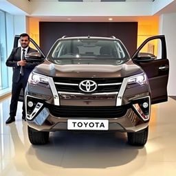 A stunning 2024 Toyota Fortuner Sports showcased in a modern showroom, standing proudly with its lights ON