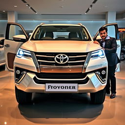 A stunning 2024 Toyota Fortuner Sports showcased in a modern showroom, standing proudly with its lights ON