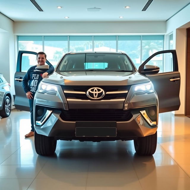 A stunning 2024 Toyota Fortuner Sports showcased in a modern showroom, standing proudly with its lights ON