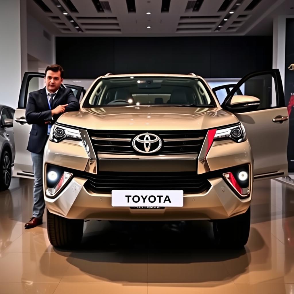 A stunning 2024 Toyota Fortuner Sports showcased in a modern showroom, standing proudly with its lights ON