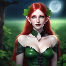 This realistic digital art image features a sensual red-haired elf girl with vampire traits