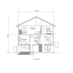A detailed architectural diagram of a two-storey house on a plot of land measuring 8m in width and 12