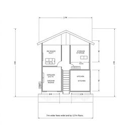 A detailed architectural diagram of a two-storey house on a plot of land measuring 8m in width and 12