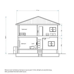 A detailed architectural diagram of a two-storey house on a plot of land measuring 8m in width and 12