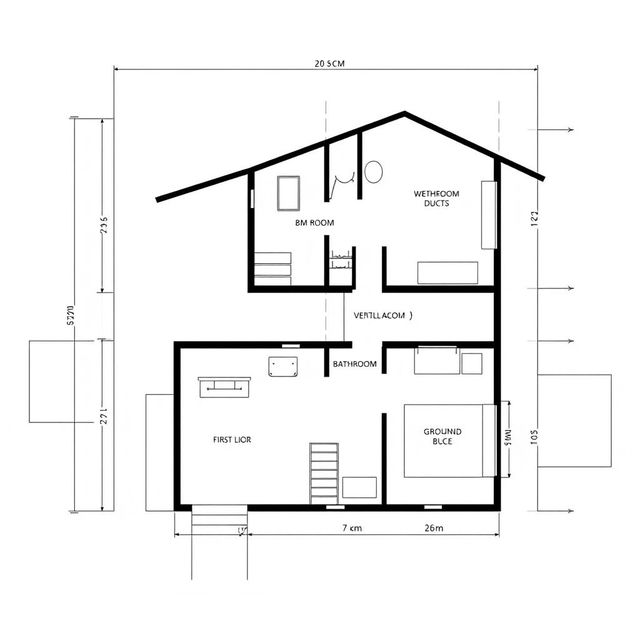 A detailed architectural diagram of a two-storey house on a plot of land measuring 8m in width and 12