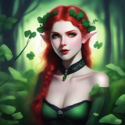 This realistic digital art image features a sensual red-haired elf girl with vampire traits