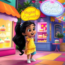 Riya, an Indian girl with hair in two long ponytails and an excited expression, is drawn to a sweet scent while playing on a colorful street