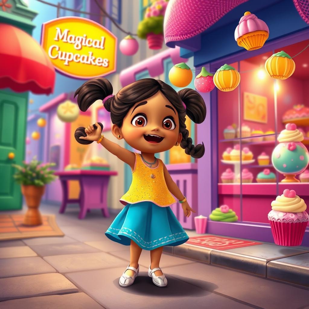 Riya, an Indian girl with hair in two long ponytails and an excited expression, is drawn to a sweet scent while playing on a colorful street